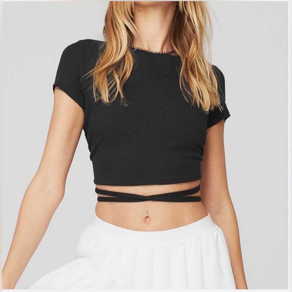ALO Yoga Black Ribbed Wrap Crop Top